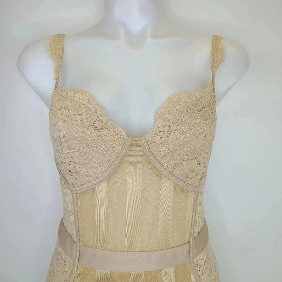 PrettyLittleThing Stone Shape Lace Mesh Stripe Midi Dress Tan Beige Bodycon 8 - Picture 4 of 15